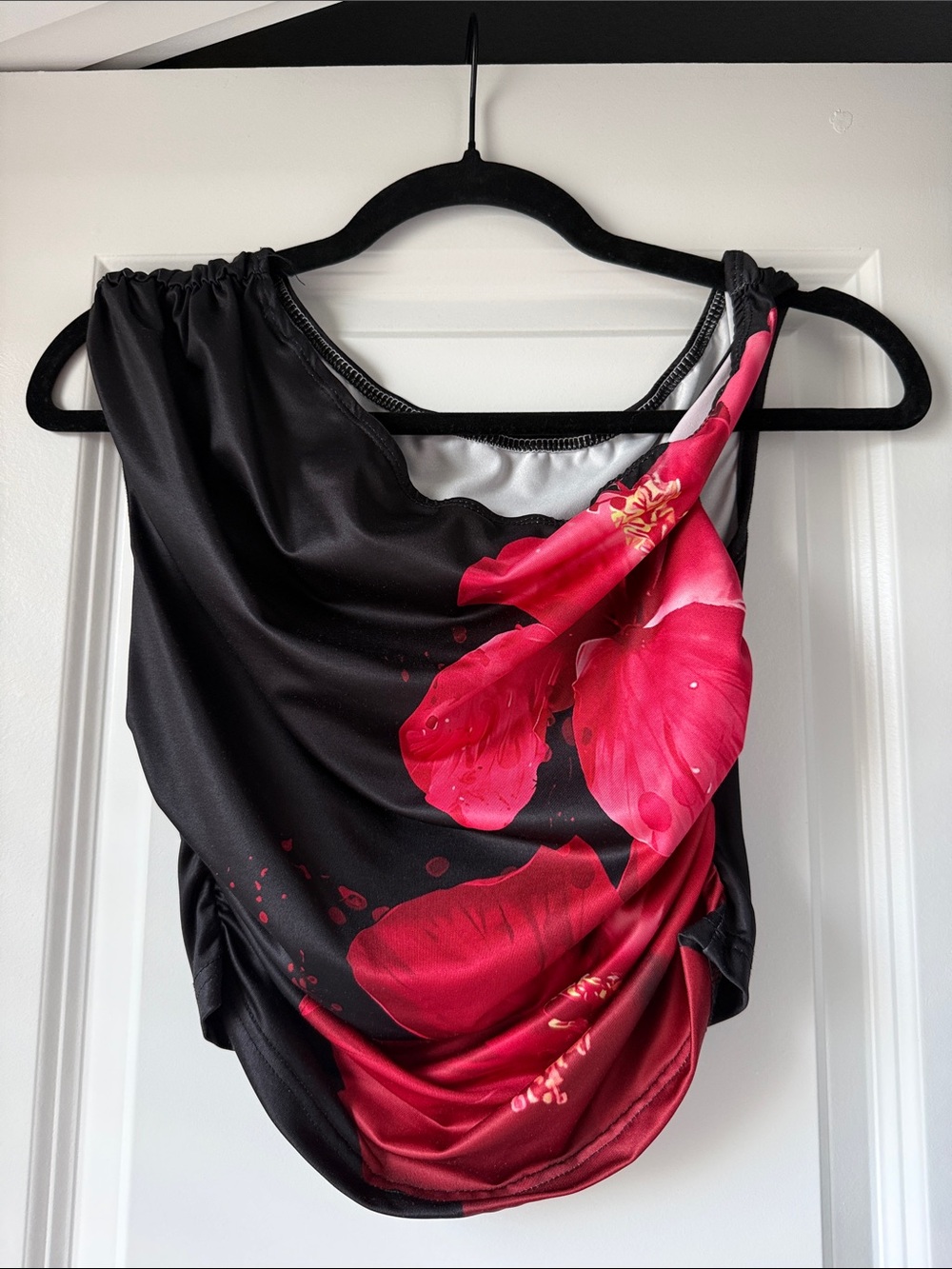 SHEIN Black Camisole with Red Floral Draped Front